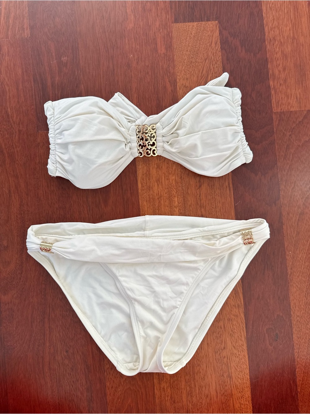 Carmen Marc Valvo White Bandeau Bikini with Gold Accents